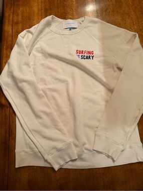 SOLID & STRIPED Cream Crewneck Sweater with Red & Navy 'Surfing Is Scary' Logo M